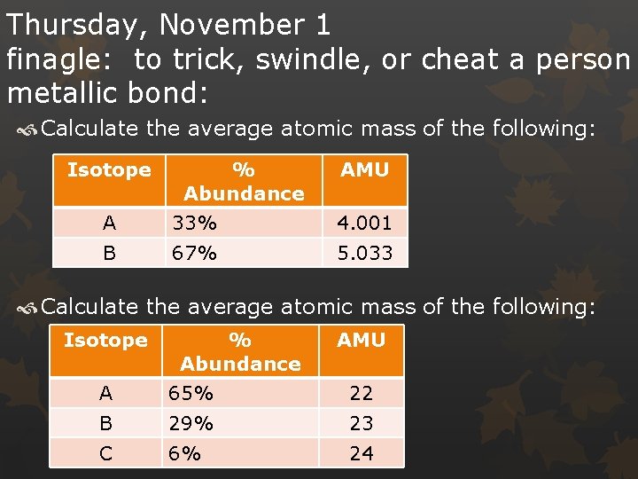 Thursday, November 1 finagle: to trick, swindle, or cheat a person metallic bond: Calculate