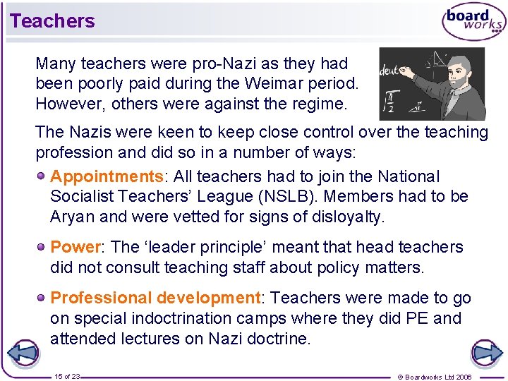 Teachers Many teachers were pro-Nazi as they had been poorly paid during the Weimar