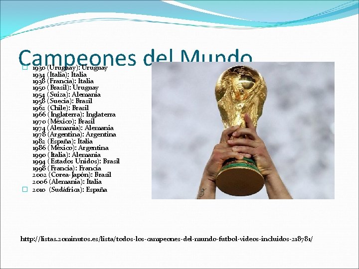 Campeones del Mundo � 1930 (Uruguay): Uruguay 1934 (Italia): Italia 1938 (Francia): Italia 1950