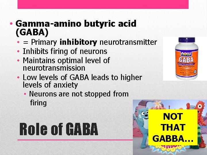  • Gamma-amino butyric acid (GABA) • = Primary inhibitory neurotransmitter • Inhibits firing