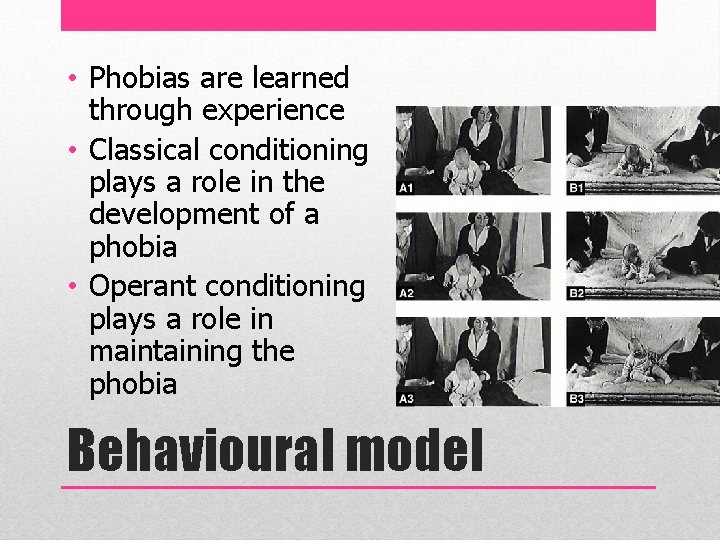  • Phobias are learned through experience • Classical conditioning plays a role in