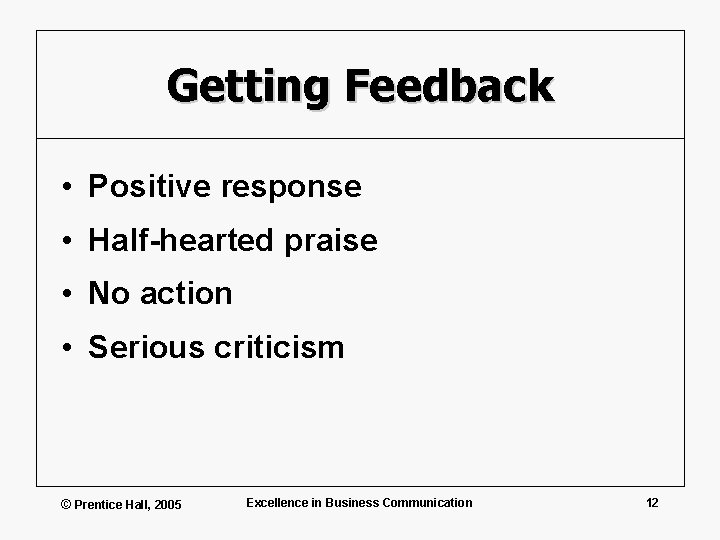 Getting Feedback • Positive response • Half-hearted praise • No action • Serious criticism