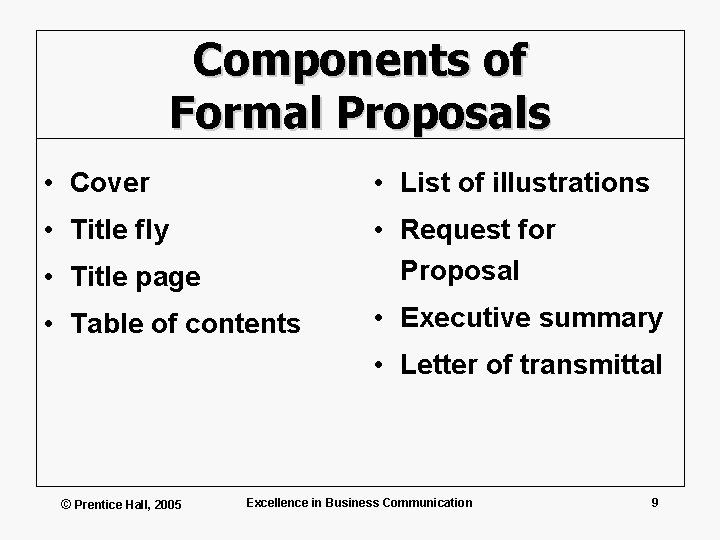 Components of Formal Proposals • Cover • List of illustrations • Title fly •