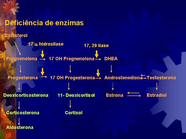 Deficiência de enzimas Colesterol 17 a hidroxilase 17, 20 liase Pregnenolona 17 OH Pregnenolona