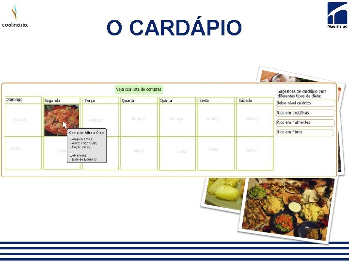 O CARDÁPIO Lista de receitas por refeição 