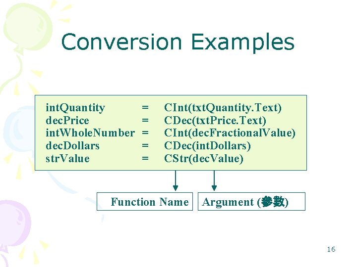 Conversion Examples int. Quantity dec. Price int. Whole. Number dec. Dollars str. Value =