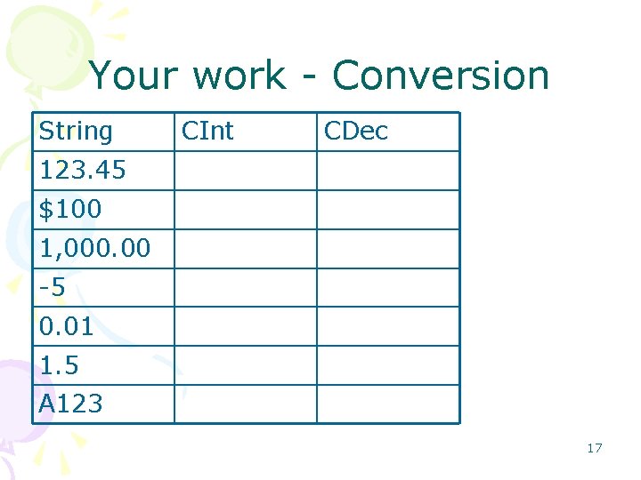 Your work - Conversion String CInt CDec 123. 45 $100 1, 000. 00 -5