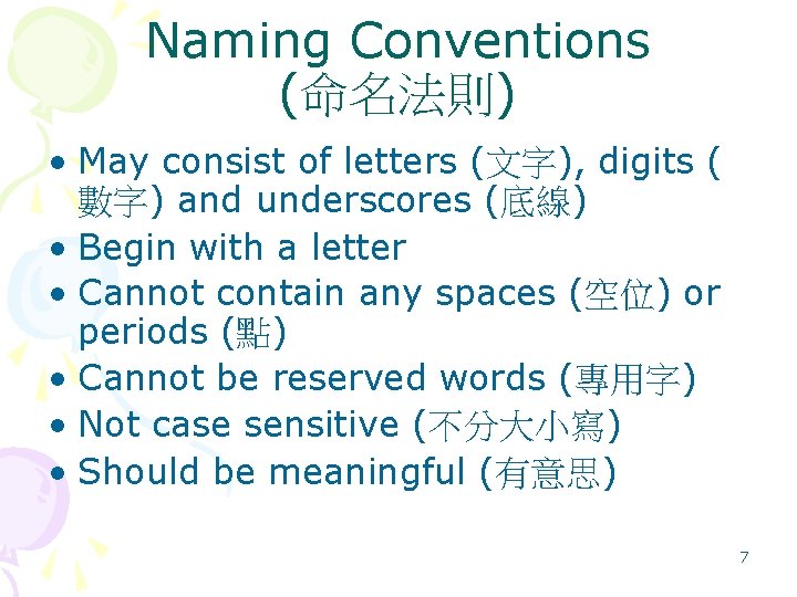 Naming Conventions (命名法則) • May consist of letters (文字), digits ( 數字) and underscores