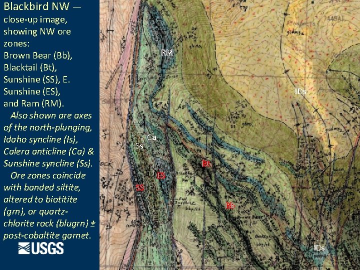 Blackbird NW — close-up image, showing NW ore zones: Brown Bear (Bb), Blacktail (Bt),