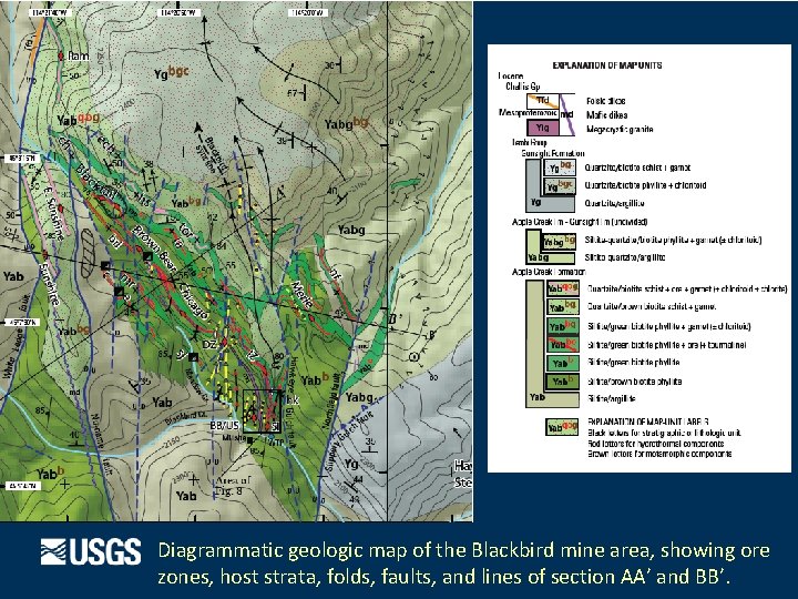 Diagrammatic geologic map of the Blackbird mine area, showing ore zones, host strata, folds,