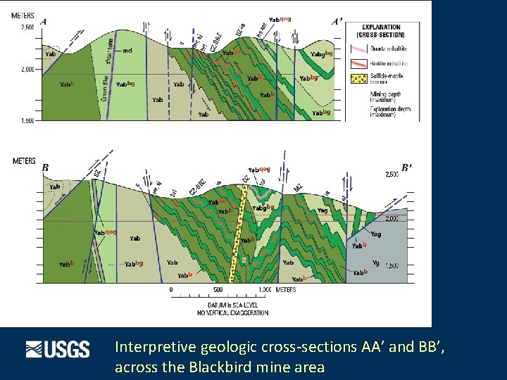 Interpretive geologic cross-sections AA’ and BB’, across the Blackbird mine area 