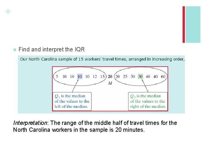 + n Find and interpret the IQR Interpretation: The range of the middle half