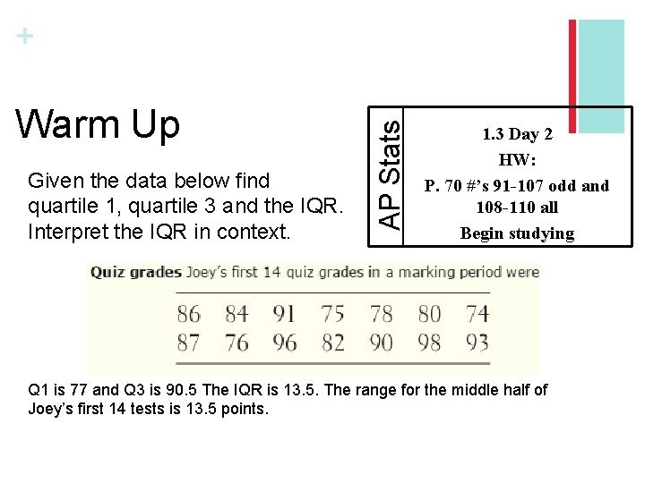 Warm Up Given the data below find quartile 1, quartile 3 and the IQR.