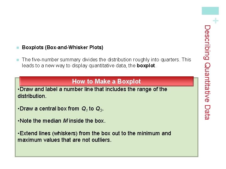 + Boxplots (Box-and-Whisker Plots) n The five-number summary divides the distribution roughly into quarters.