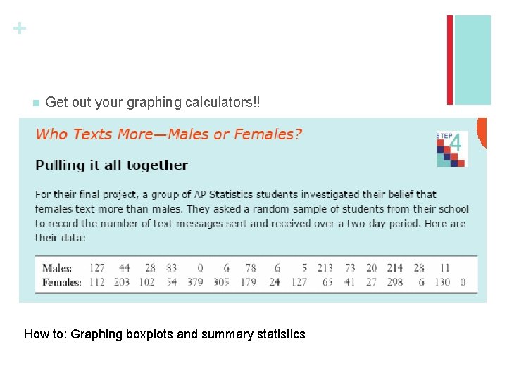 + n Get out your graphing calculators!! How to: Graphing boxplots and summary statistics