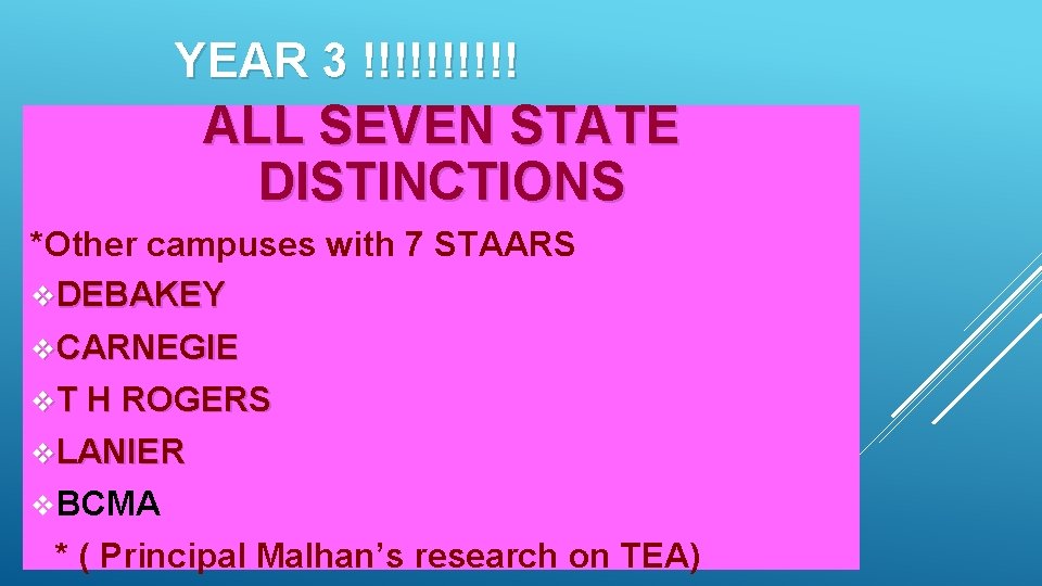 YEAR 3 !!!!! ALL SEVEN STATE DISTINCTIONS *Other campuses with 7 STAARS v. DEBAKEY