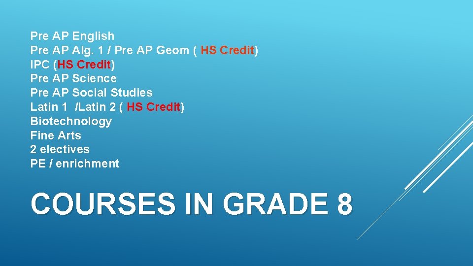 Pre AP English Pre AP Alg. 1 / Pre AP Geom ( HS Credit)