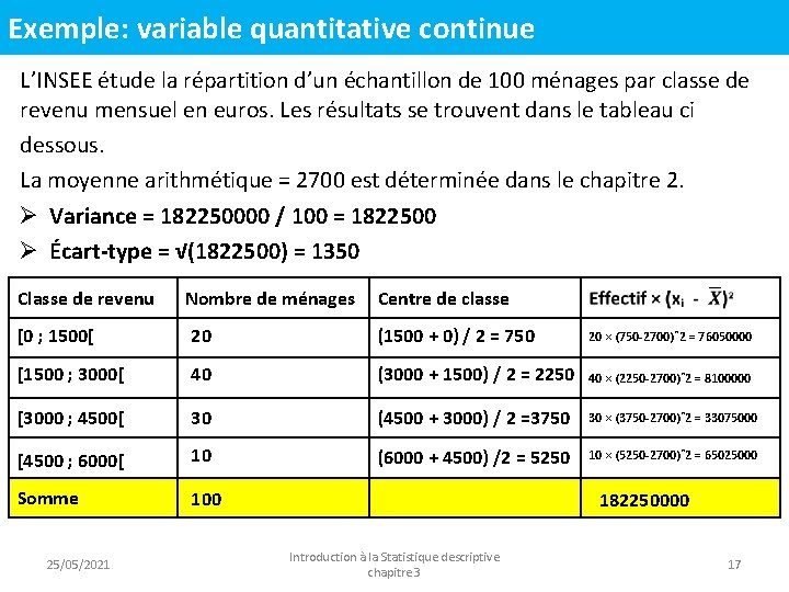 Exemple: variable quantitative continue L’INSEE étude la répartition d’un échantillon de 100 ménages par