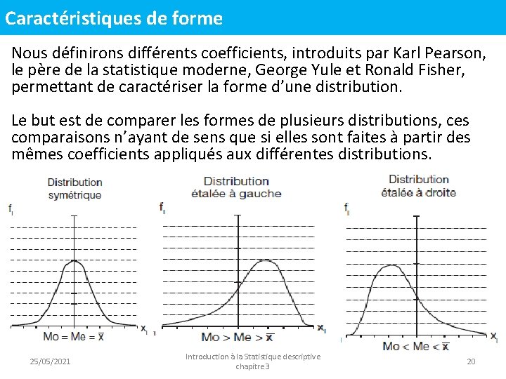 Caractéristiques de forme Nous définirons différents coefficients, introduits par Karl Pearson, le père de