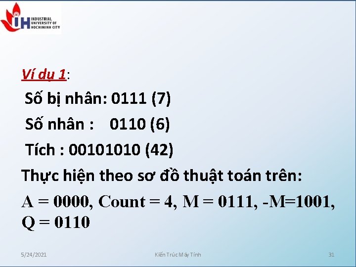 Ví dụ 1: Số bị nhân: 0111 (7) Số nhân : 0110 (6) Tích