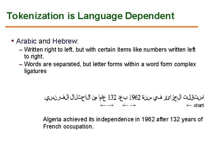 Tokenization is Language Dependent • Arabic and Hebrew: – Written right to left, but