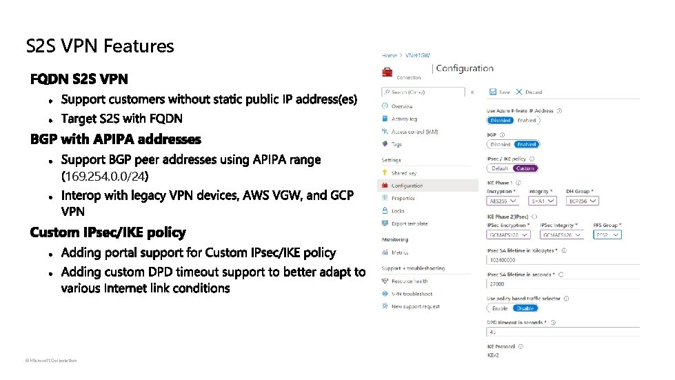 S 2 S VPN Features 169. 254. 0. 0/24 ©Microsoft Corporation Azure 