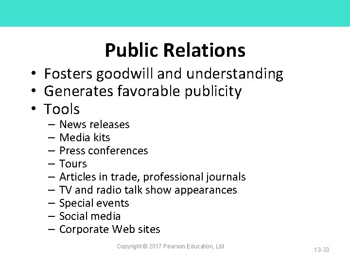 Public Relations • Fosters goodwill and understanding • Generates favorable publicity • Tools –