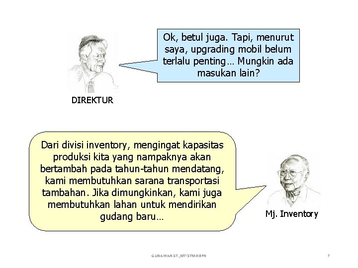 Ok, betul juga. Tapi, menurut saya, upgrading mobil belum terlalu penting… Mungkin ada masukan