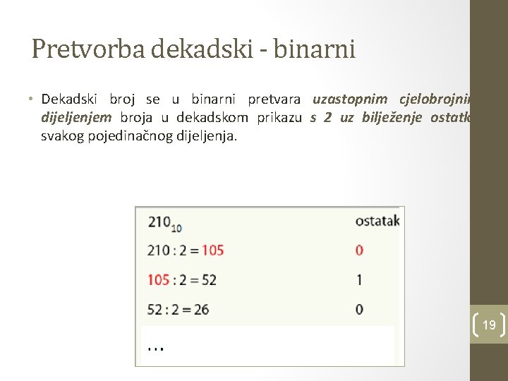 Pretvorba dekadski - binarni • Dekadski broj se u binarni pretvara uzastopnim cjelobrojnim dijeljenjem