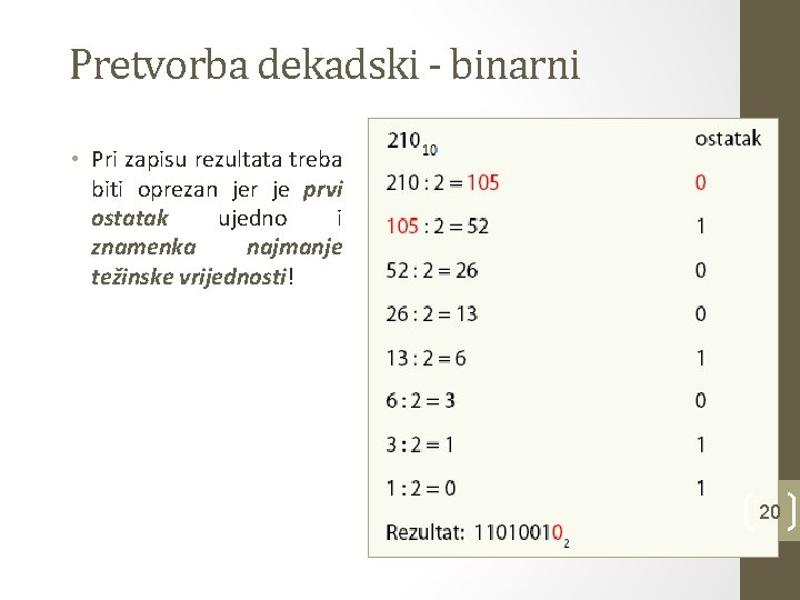 Pretvorba dekadski - binarni • Pri zapisu rezultata treba biti oprezan jer je prvi