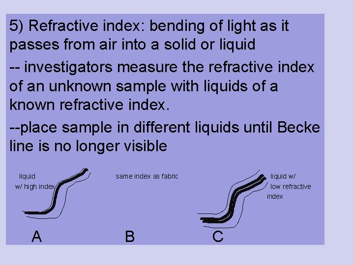 5) Refractive index: bending of light as it passes from air into a solid