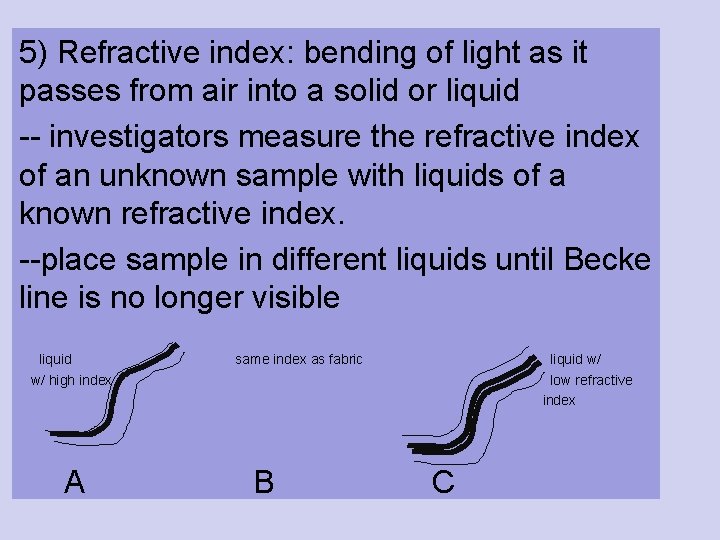 5) Refractive index: bending of light as it passes from air into a solid 5) Refractive index: bending of light as it passes from air into a solid