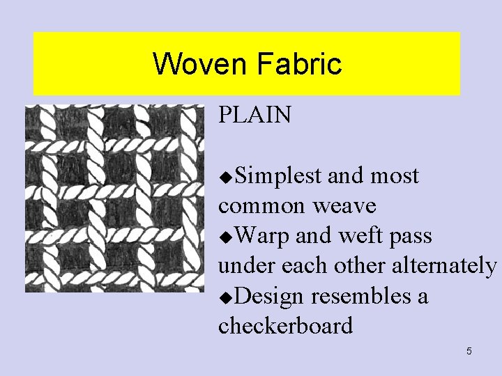 Woven Fabric PLAIN Simplest and most common weave u. Warp and weft pass under