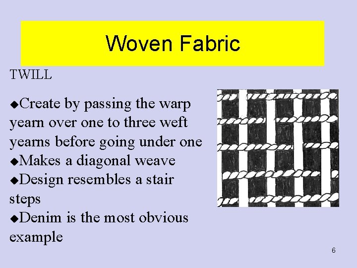 Woven Fabric TWILL Create by passing the warp yearn over one to three weft