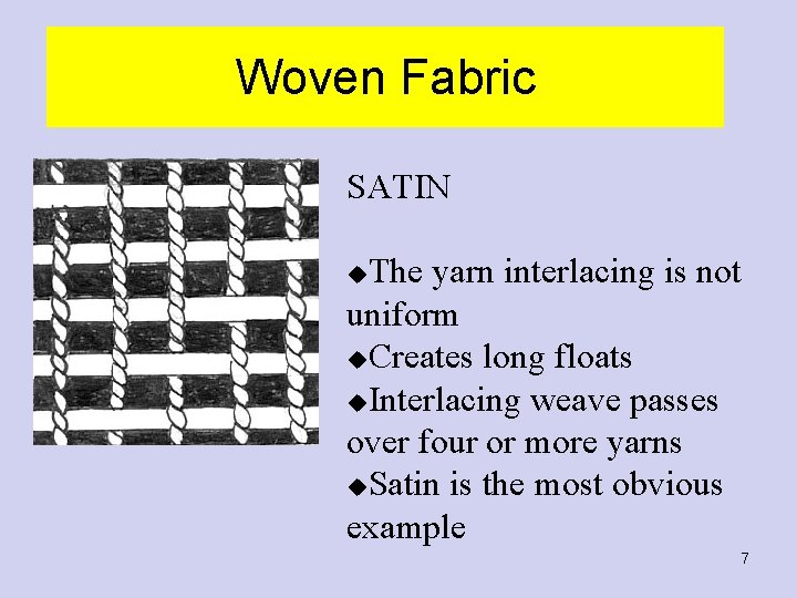 Woven Fabric SATIN The yarn interlacing is not uniform u. Creates long floats u. Woven Fabric SATIN The yarn interlacing is not uniform u. Creates long floats u.