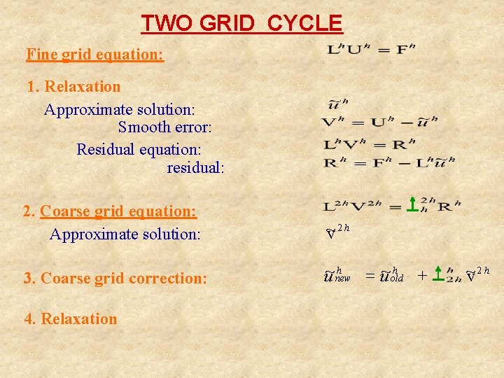 TWO GRID CYCLE Fine grid equation: 1. Relaxation Approximate solution: Smooth error: Residual equation: