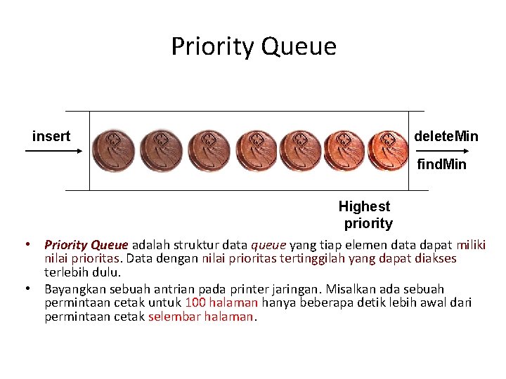 Priority Queue insert delete. Min find. Min Highest priority • Priority Queue adalah struktur Priority Queue insert delete. Min find. Min Highest priority • Priority Queue adalah struktur