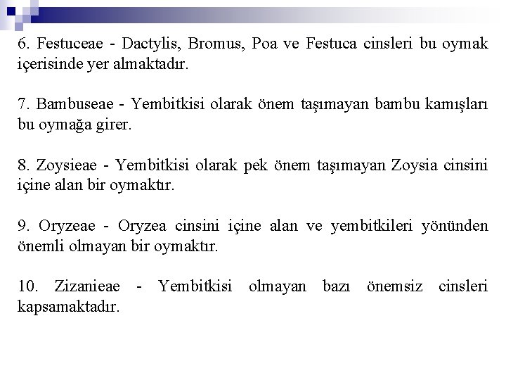 6. Festuceae - Dactylis, Bromus, Poa ve Festuca cinsleri bu oymak içerisinde yer almaktadır.