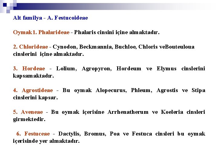 Alt familya - A. Festucoideae Oymak 1. Phalarideae - Phalaris cinsini içine almaktadır. 2.