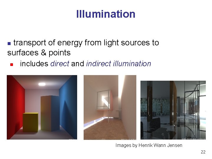 Illumination transport of energy from light sources to surfaces & points n n includes
