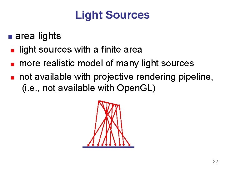 Light Sources n n area lights light sources with a finite area more realistic