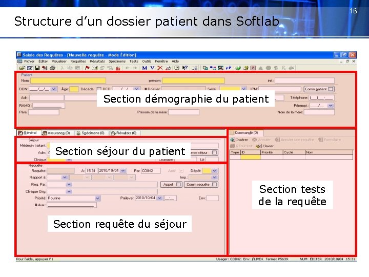 Structure d’un dossier patient dans Softlab Section démographie du patient Section séjour du patient