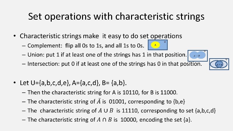 Set operations with characteristic strings • A U U U 