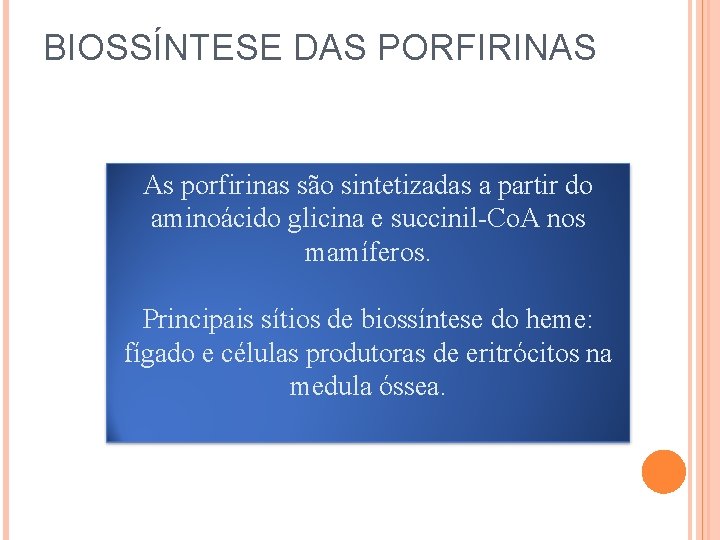 BIOSSÍNTESE DAS PORFIRINAS As porfirinas são sintetizadas a partir do aminoácido glicina e succinil-Co.