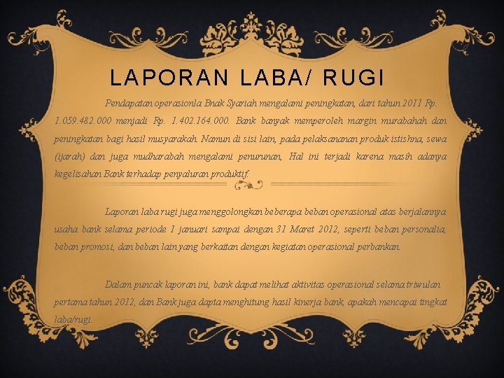 LAPORAN LABA/ RUGI Pendapatan operasionla Bnak Syariah mengalami peningkatan, dari tahun 2011 Rp. 1.