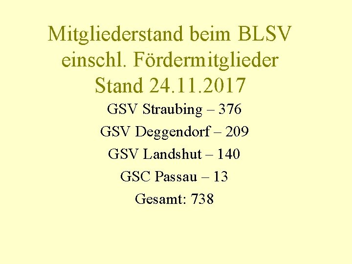 Mitgliederstand beim BLSV einschl. Fördermitglieder Stand 24. 11. 2017 GSV Straubing – 376 GSV