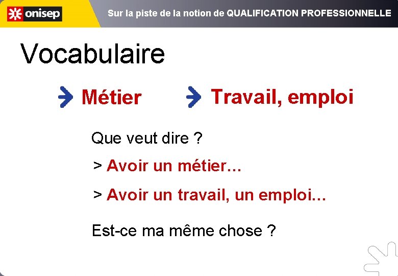 Sur la piste de la notion de QUALIFICATION PROFESSIONNELLE Vocabulaire Métier Travail, emploi Que