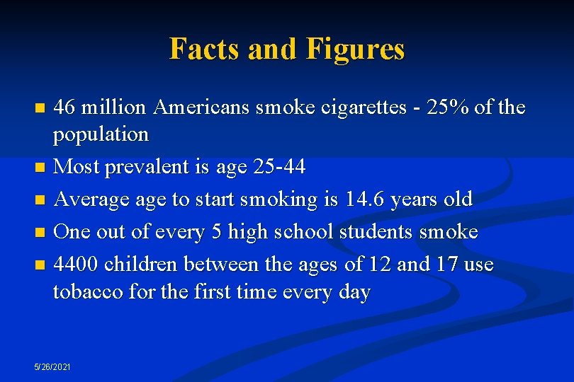 Facts and Figures 46 million Americans smoke cigarettes - 25% of the population n