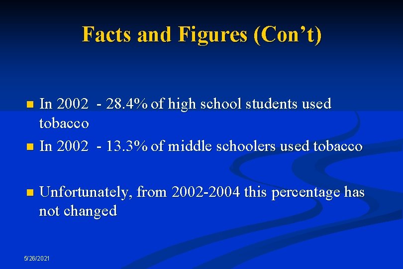 Facts and Figures (Con’t) In 2002 - 28. 4% of high school students used