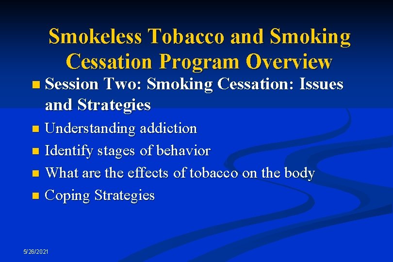 Smokeless Tobacco and Smoking Cessation Program Overview n Session Two: Smoking Cessation: Issues and